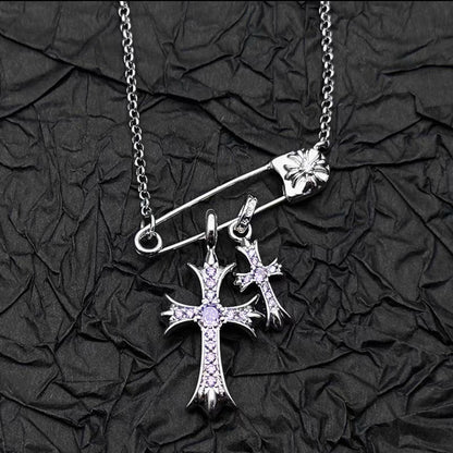 925 Silver Plated White Gold Rhinestone Pin Double Cross Pendant Necklace for Men and Women, European and American Style, Unique Design, High-End Look